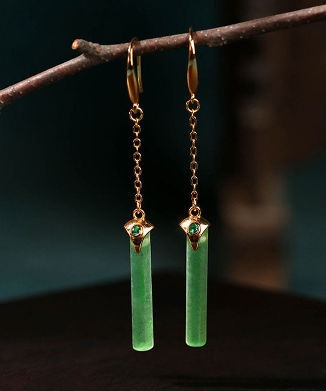 Green Ancient Gold Jade Rectangle Drop Earrings