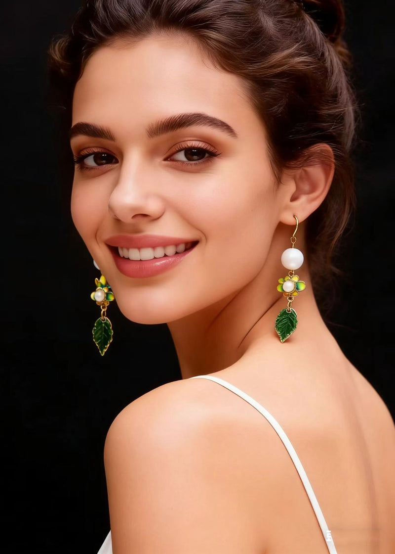 Green Leaf Metal Fine Pearl Drop Earrings