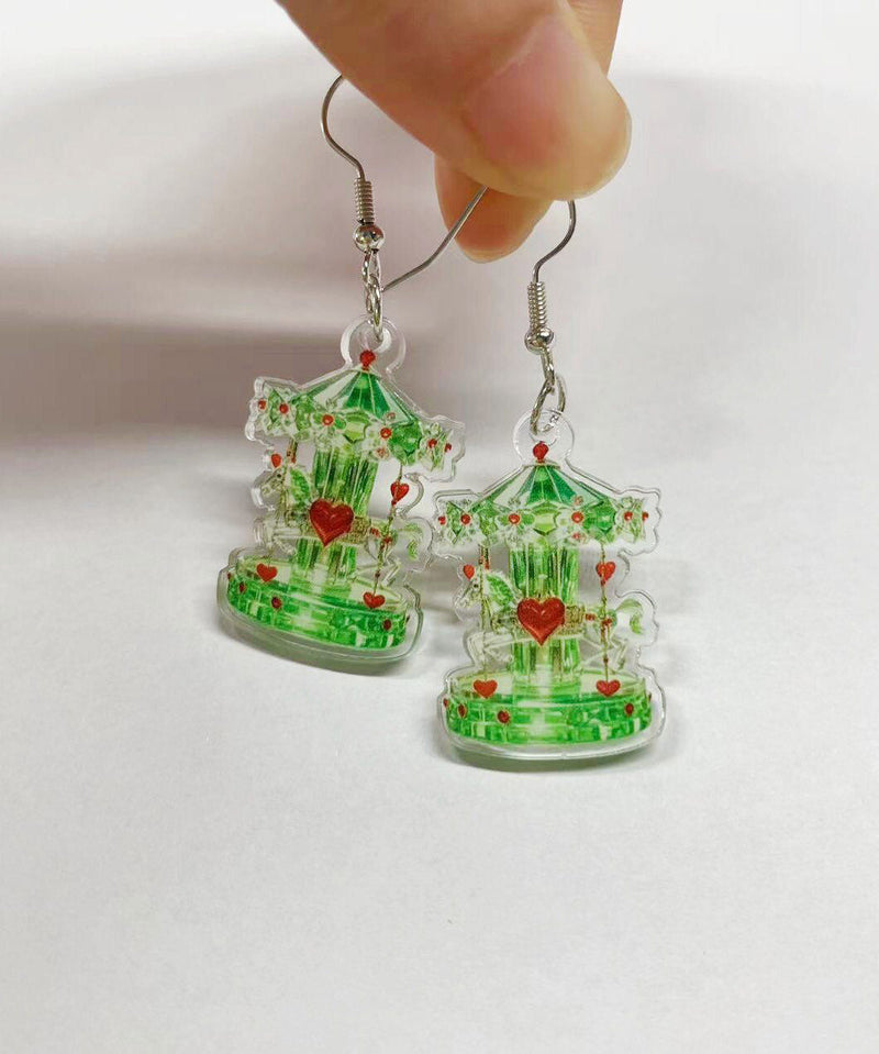 Green Stainless Steel Acrylic Crystal Carousel Drop Earrings