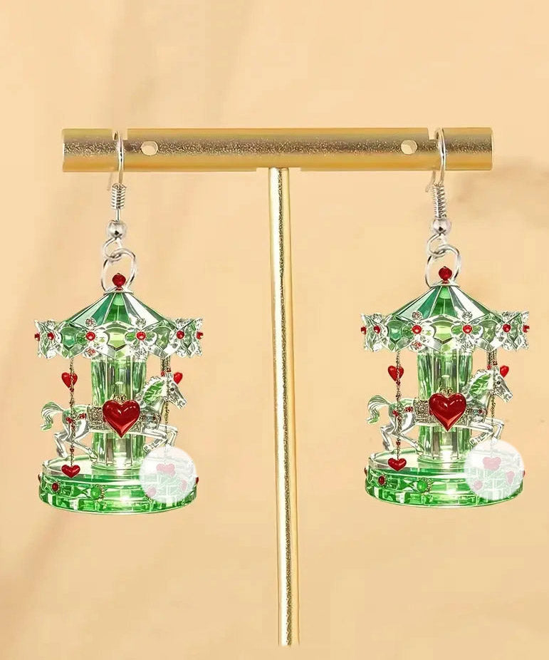 Green Stainless Steel Acrylic Crystal Carousel Drop Earrings