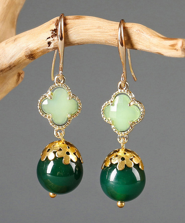 Green Sterling Silver Agate Coloured Glaze Clover Drop Earrings