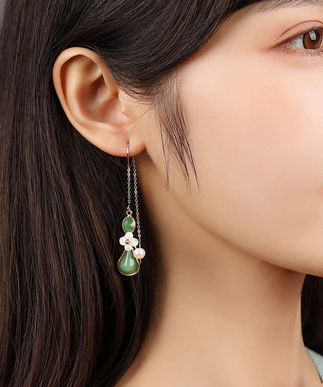 Green Sterling Silver Coloured Glaze Pearl Shell Flower Drop Earrings