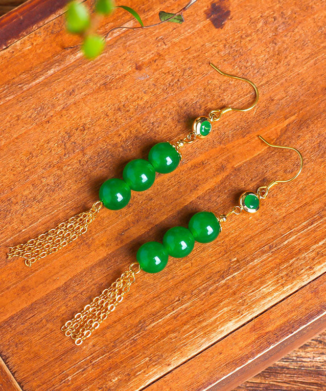 Green Sterling Silver Overgild 14k Gold Jade Tassel Drop Earrings