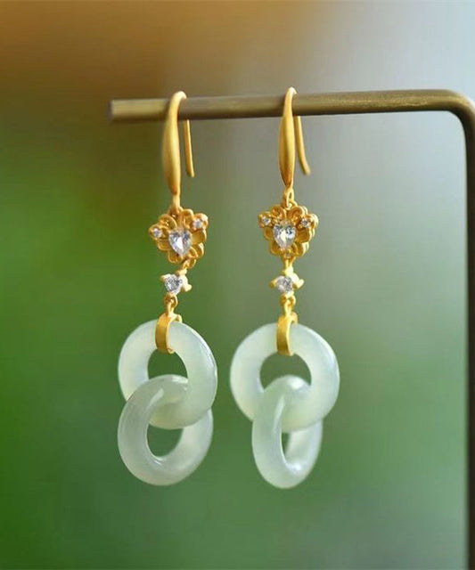 Light Green Sterling Silver Overgild Double Ring Jade Zircon Drop Earrings Gh1020