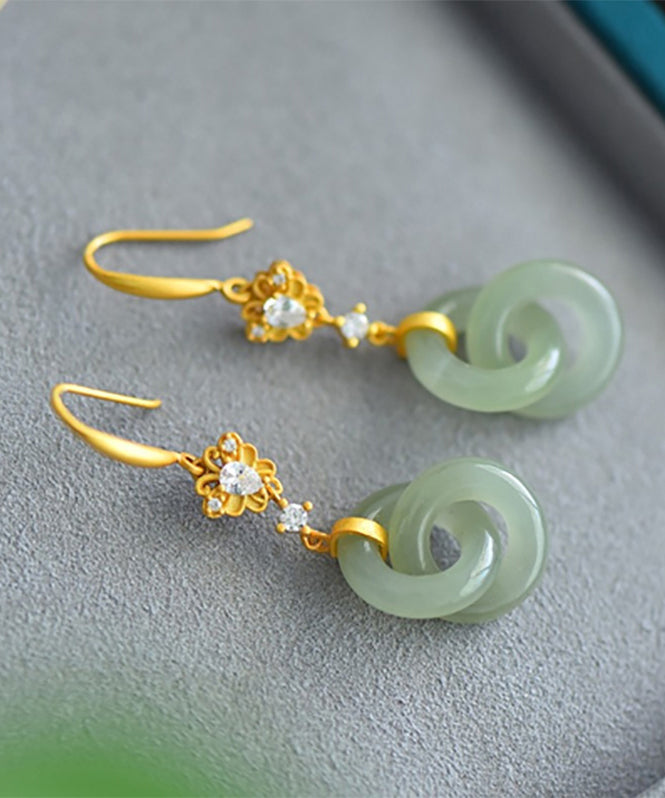 Light Green Sterling Silver Overgild Double Ring Jade Zircon Drop Earrings Gh1020
