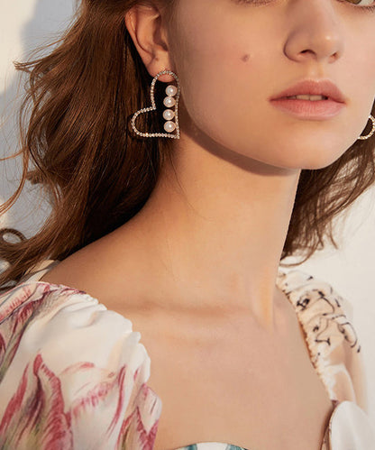Love Pearl Zircon Metal Stud Earrings