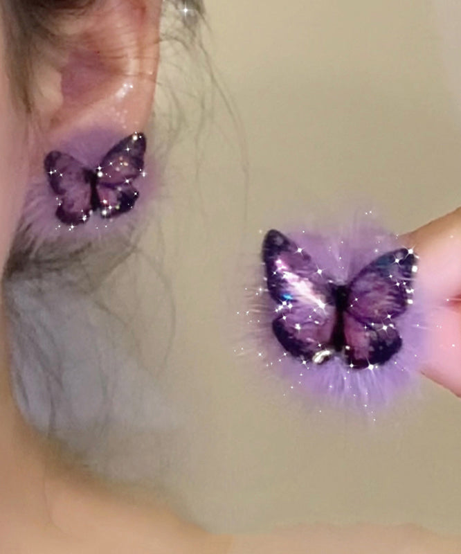 Purple Sterling Silver Overgild Fuzzy Fur Fluffy Butterfly Stud Earrings