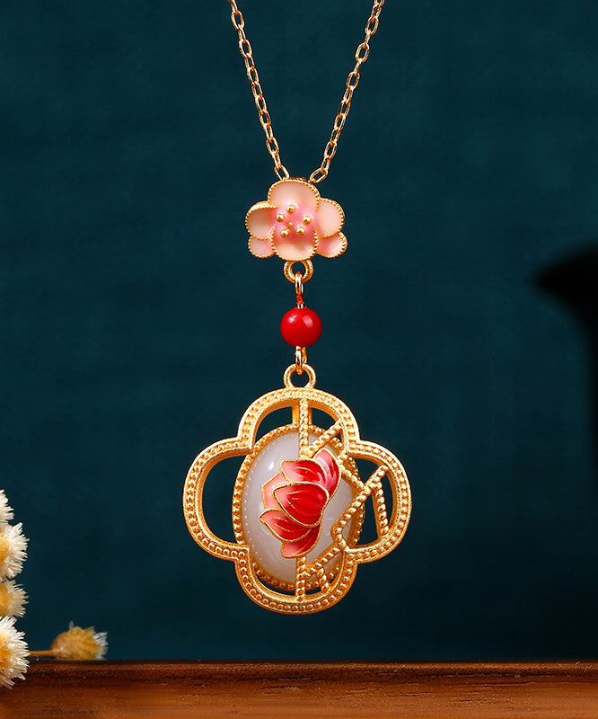 Red Ancient Gold Inlaid Jade Lotus Flower Agate Pendant Necklace Kx1074
