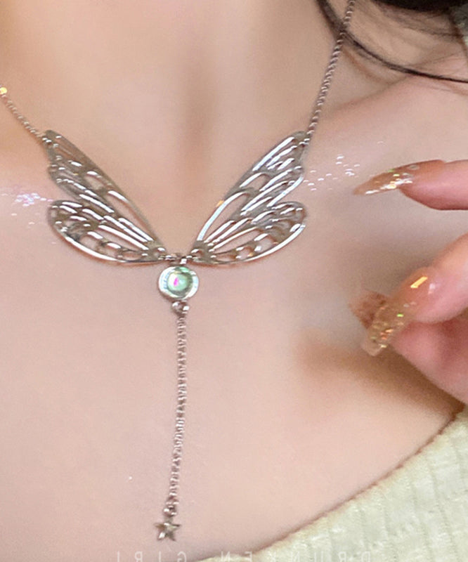 Silk Alloy Gem Stone Butterfly Wing Tassel Pendant Necklace Qq047
