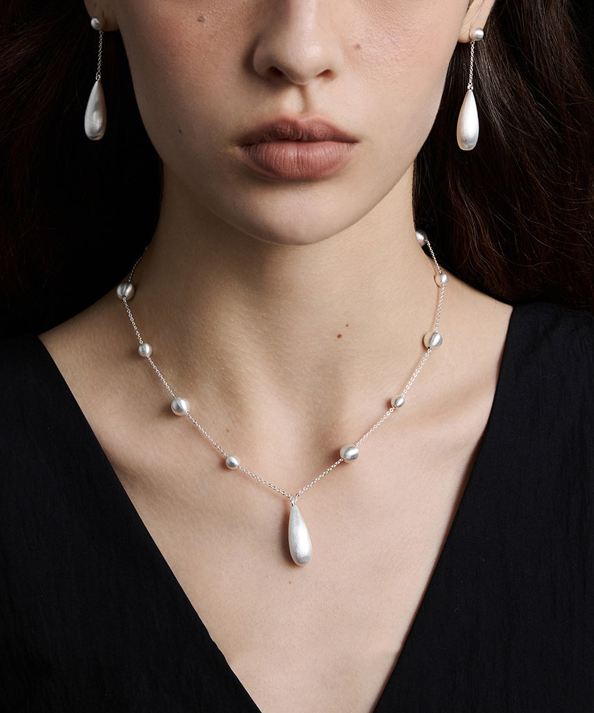 Silk Copper Silver-plated Pearl Water Droplet Pendant Necklace