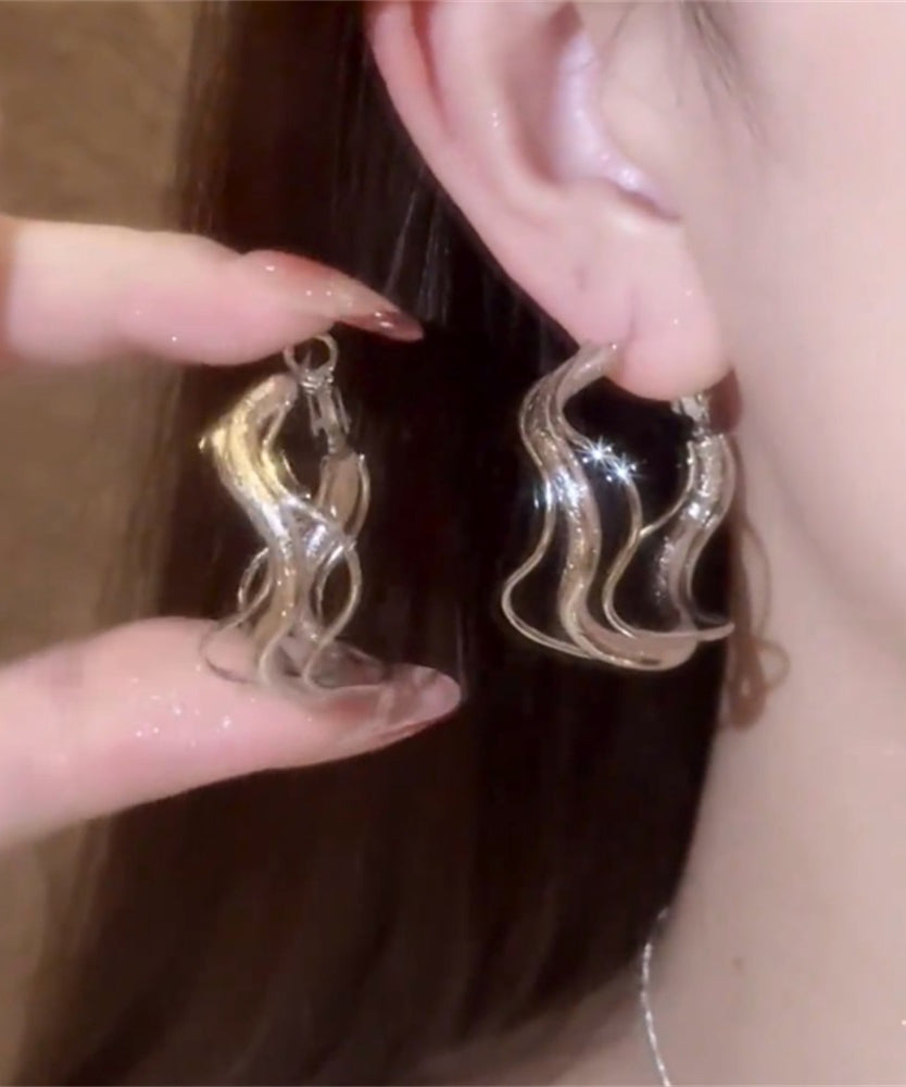 Silk Metal Asymmetrical Hollow Out Hoop Earrings