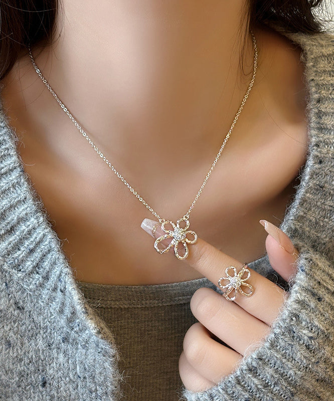 Silk Sterling Silver Zircon Sunflower Hollow Out Pendant Necklace Po007