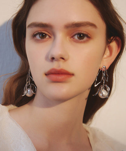 Silvery Rose Stereoscopic Fine Pearl Drop Earrings