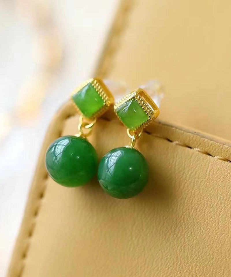 Spinach Green Sterling Silver Overgild Jade Drop Earrings