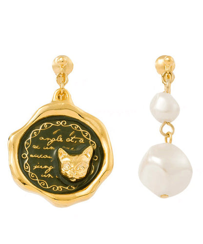 Sterling Silver Overgild Pearl Kitten Asymmetrical Drop Earrings