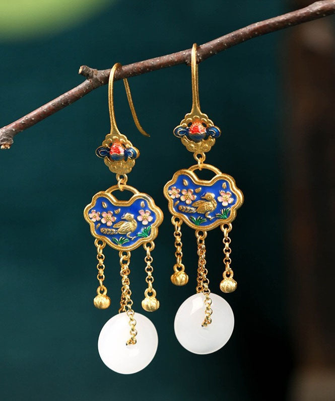 White Ancient Gold Jade Ping Buckle Birds Drop Earrings