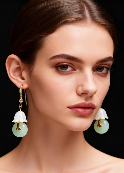 White Lily of the Valley Fine Jade Drop Earrings