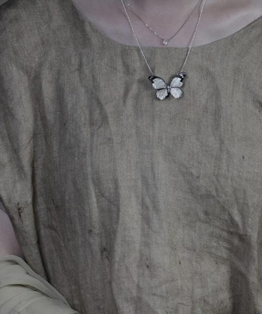White Sterling Silver Enamel Butterfly Pendant Necklace