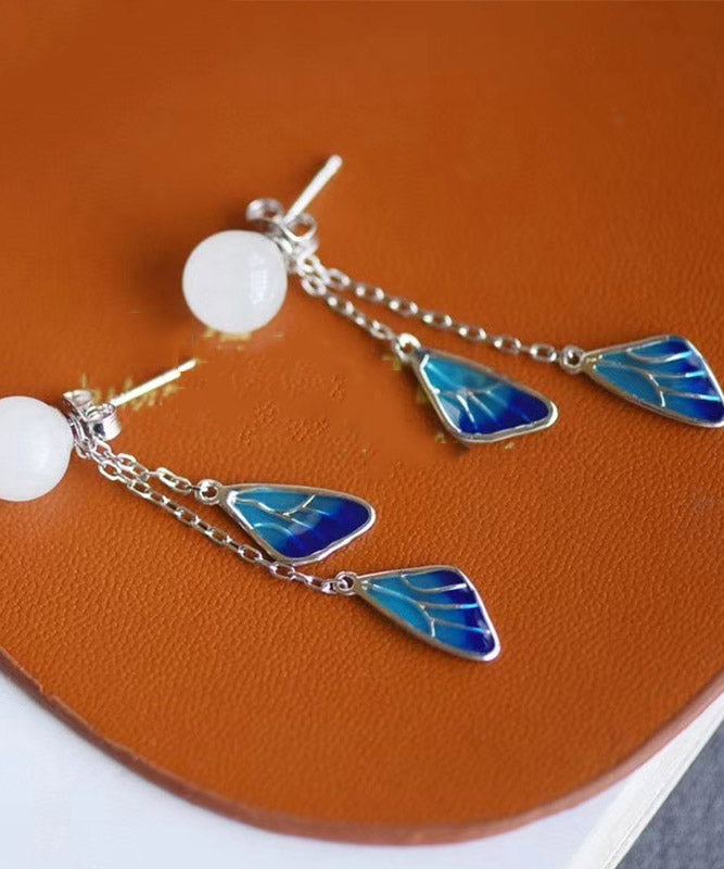 White Sterling Silver Inlaid Jade Enamel Tassel Drop Earrings
