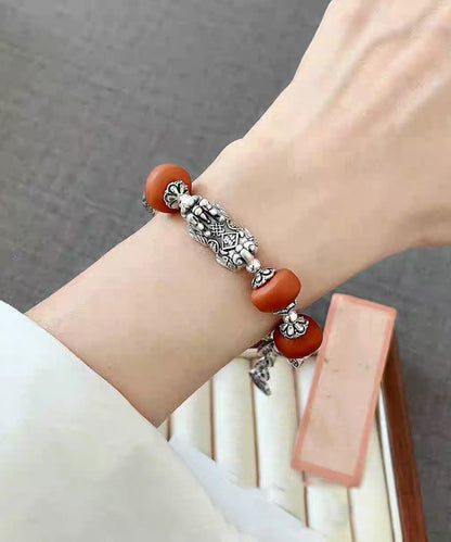 Chinese Style 999 Pure Silver Amber a Mythical Wild Animal Charm Bracelet