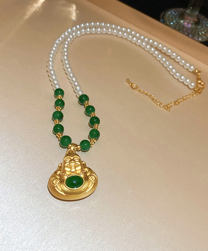 Chinese Style Colorblock Copper Alloy Pearl Buddha Statue Pendant Necklace Yi045