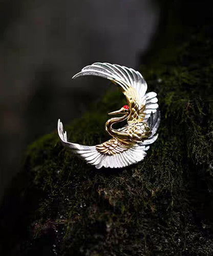 Chinese Style Crescent Crane Wrinkled Patchwork Silver Brooches
