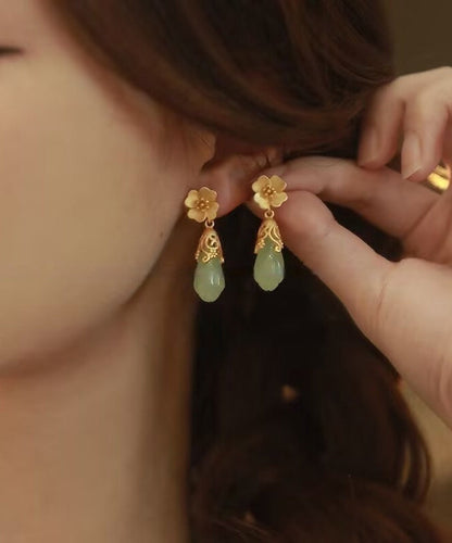 Chinese Style Gold Copper Alloy Jade Water Droplet Drop Earrings