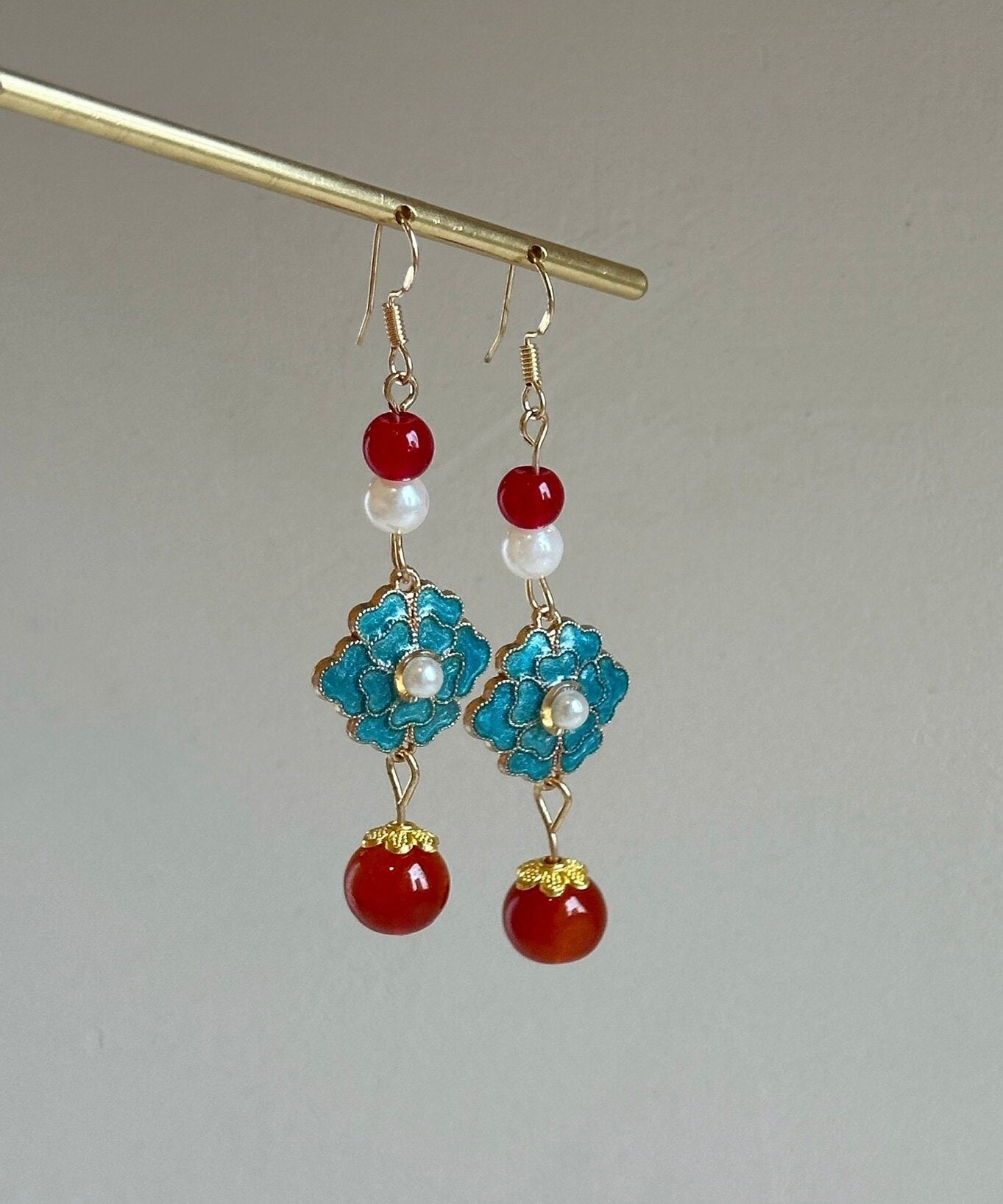 Chinese Style Rainbow Sterling Silver Overgild Enamel Pearl Drop Earrings