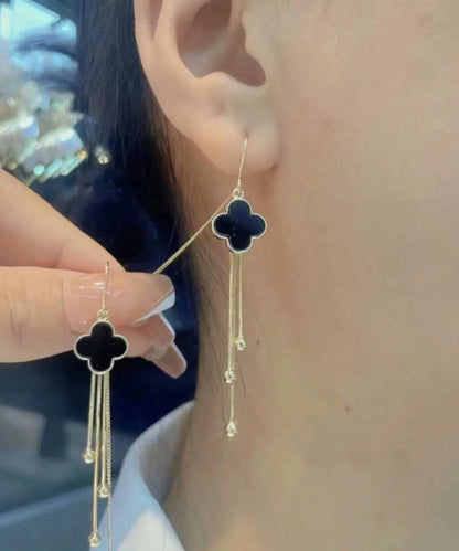 Sterling Silver Black Agate Four Leaf Grass Tassel Drop Earrings