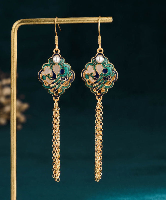 Classy Green Sterling Silver Overgild Inlaid Jade Tassel Drop Earrings Tw1050
