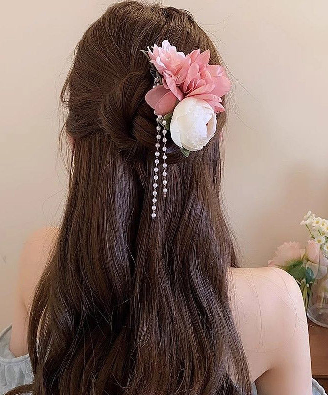 Classy Pink Acrylic Cloth Pearl Tassel Hairpin
