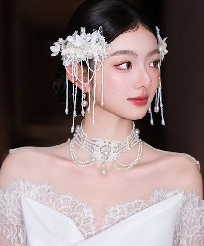 Classy White Lace Lily of the Valley Pearl Tassel a Pair Hairpin
