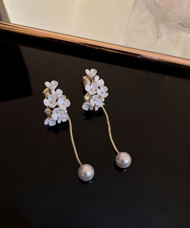 Classy White Overgild Zircon Pearl Tassle Drop Earrings
