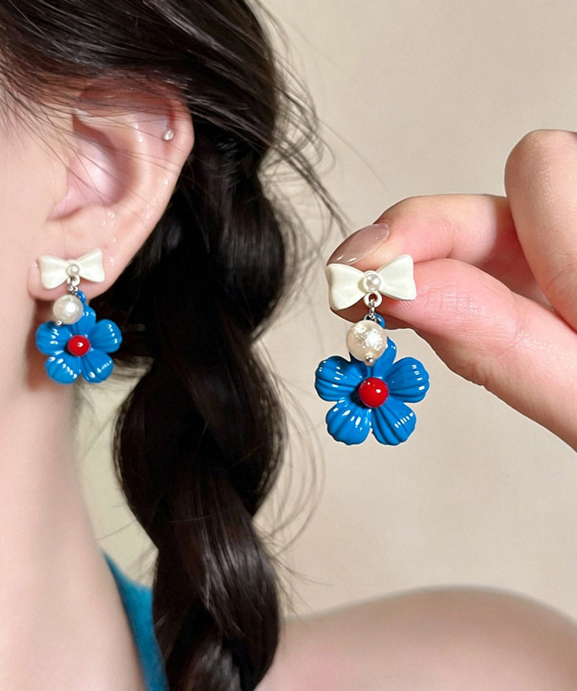 Blue Copper Dripping Glaze Bow Drop Earrings