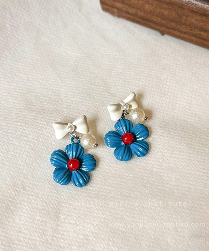 Blue Copper Dripping Glaze Bow Drop Earrings
