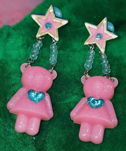 Pink Alloy Acrylic Star Little Bear Resin Love Zircon Drop Earrings