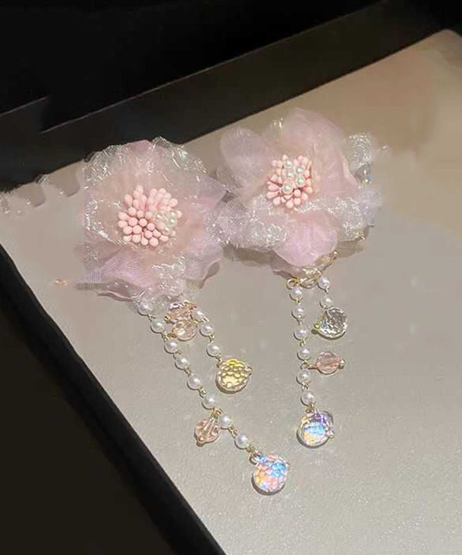 Pink Crystal Pearl Tulle Tassel Drop Earrings