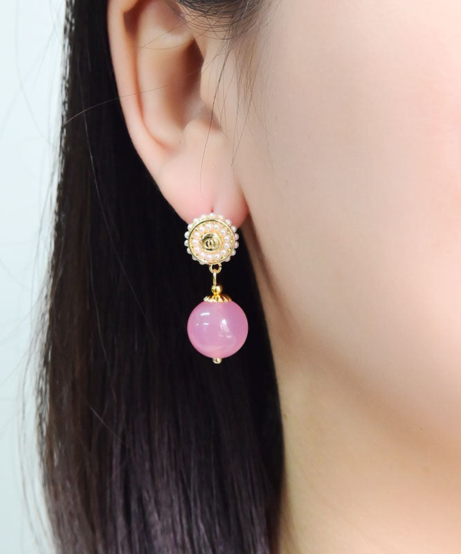 Pink Sterling Silver Pearl Chalcedony Ball Drop Earrings
