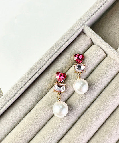 Red Sterling Silver Alloy Love Crystal Zircon Pearldrop Earrings