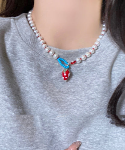 White Alloy Strawberry Pearl Pendant Necklace