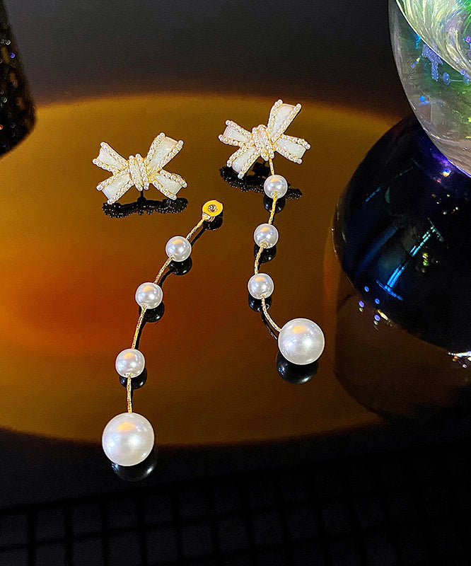 White Sterling Silver Alloy Bow Pearl Tassel Drop Earrings