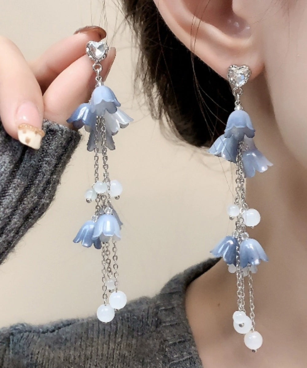 Diy Blue Sterling Silver Zircon Pearl Tassel Drop Earrings