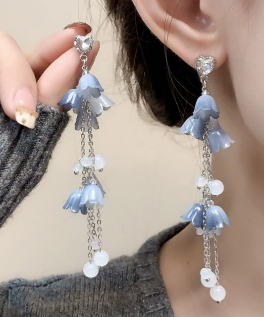 Diy Blue Sterling Silver Zircon Pearl Tassel Drop Earrings Kx1084