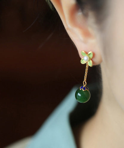 Diy Green Clover Jade Gem Stone Drop Earrings