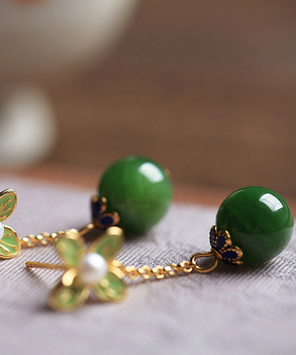 Diy Green Clover Jade Gem Stone Drop Earrings