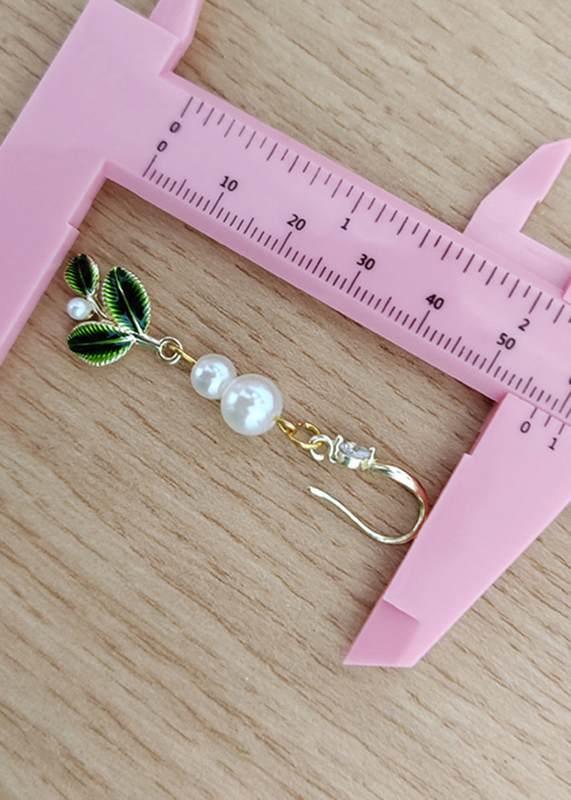 Diy Green Leaf Pearl Zircon Drop Earrings