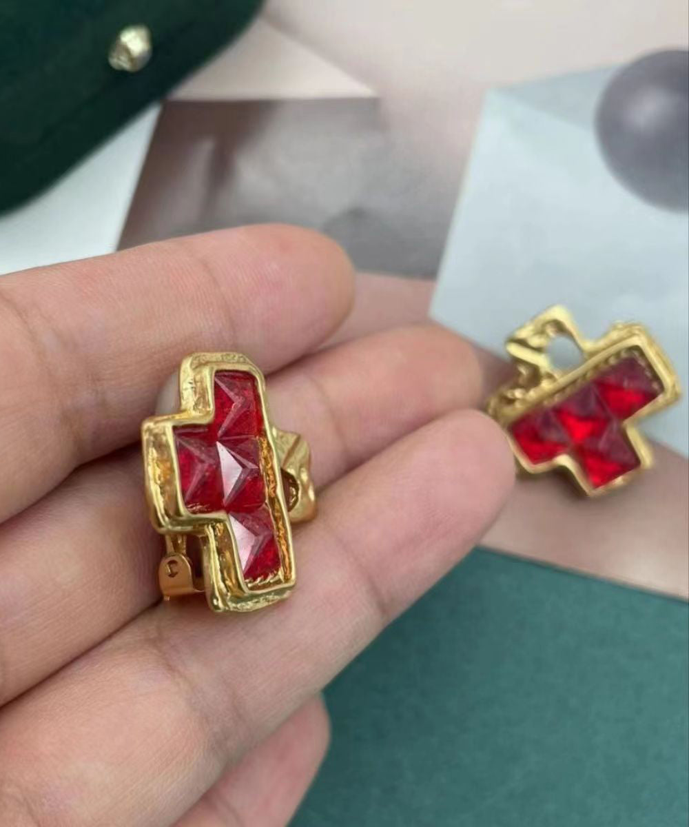 Diy Red Sterling Silver Overgild Crystal Asymmetric Stud Earrings