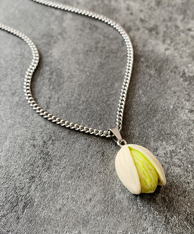 Diy Silk Stainless Steel Resin Pistachios Pendant Necklace Qj019
