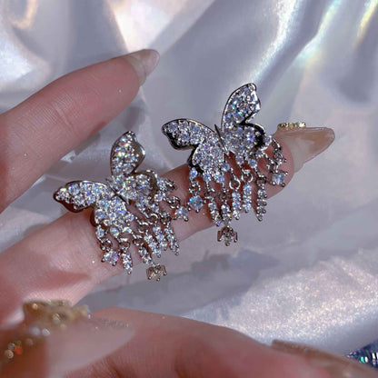 Diy Silk Sterling Silver Zircon Butterfly Tassel Drop Earrings