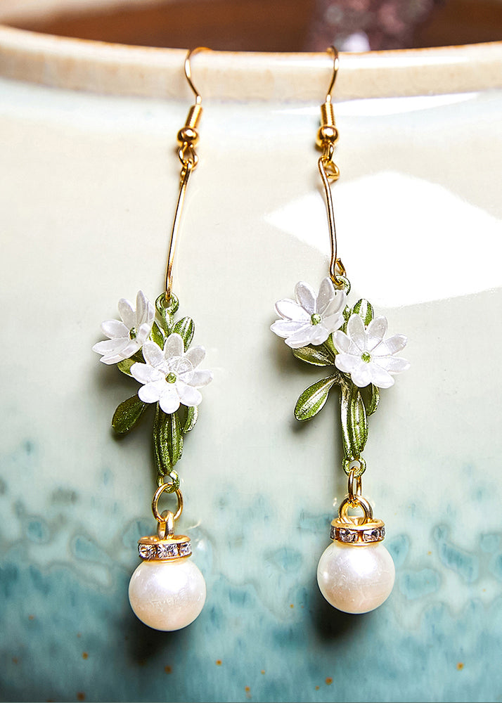 Diy White Pearl Chrysanthemum Drop Earrings